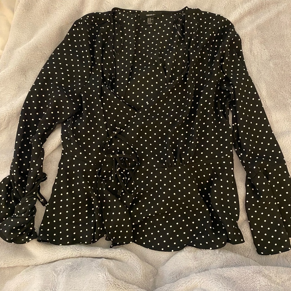 Black and White Polka Dot Wrapped Shirt with Bell Sleeves